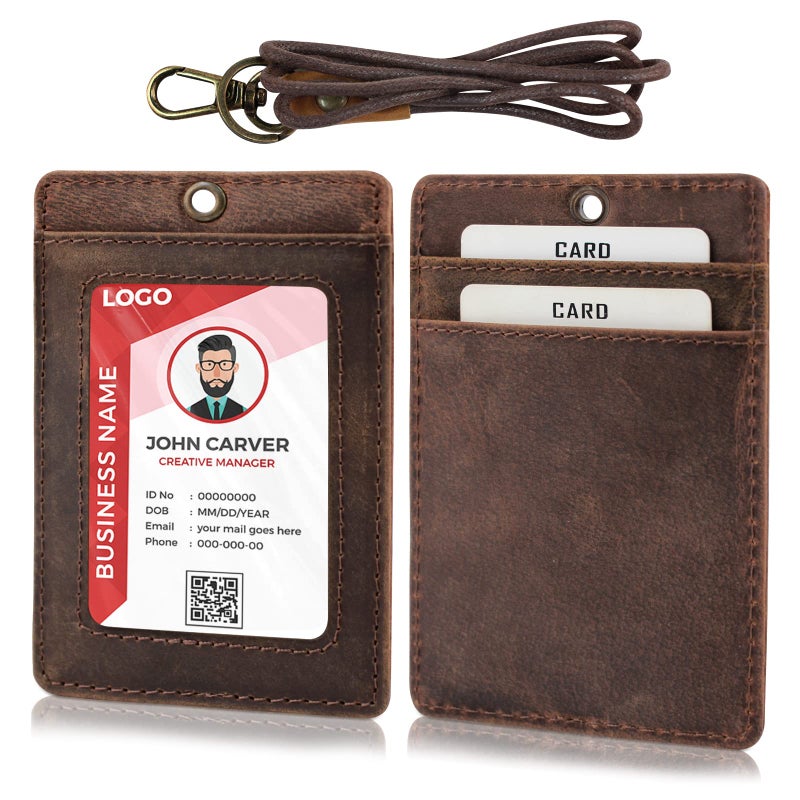 Boshiho Vertical Style Cowhide Leather ID Card Badge Holder with Heavy Duty Lanyard (Genuine Leather Dark Brown) - Image 1